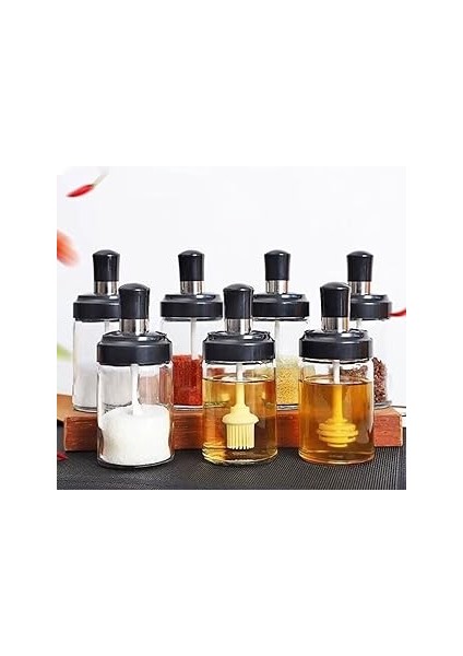 Cam Baharatlık Seti, 6'lı, Kendinden Fırçalı ve Kaşıklı, Bal Kavanozu, Siyah Kapaklı Set, 300 ml Ba