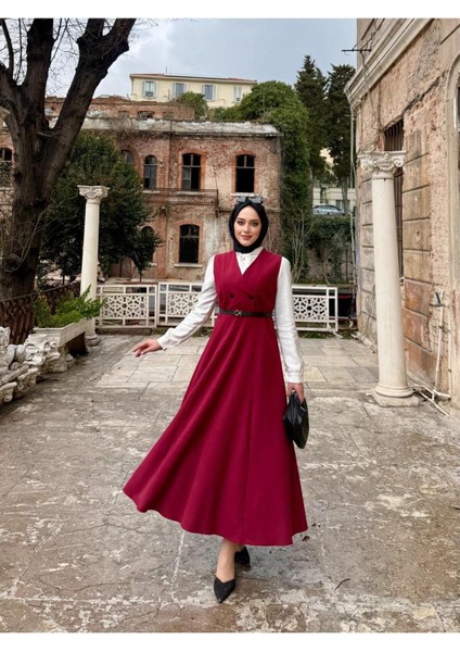 Kadın Çok Şık Düğmeli Bordo Uzun Jile