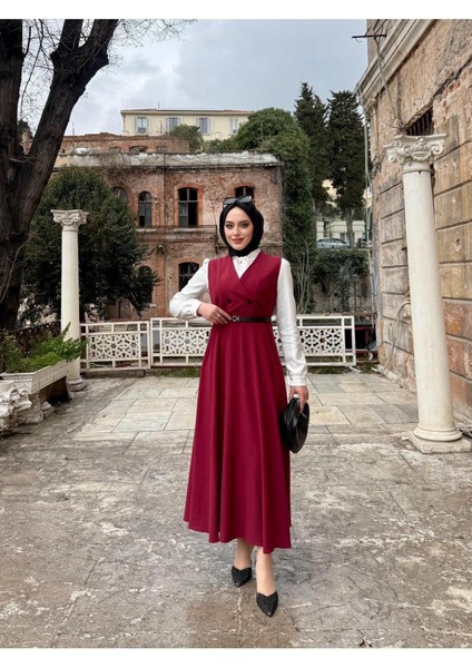 Kadın Çok Şık Düğmeli Bordo Uzun Jile indirimleri