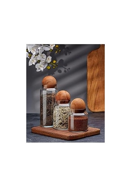 Orret Home 3'lü Cam Kavanoz Seti – 500 Ml, 800 Ml, 1300 ml – Akasya Ağacı Ahşap Top Kapaklı, Hava G