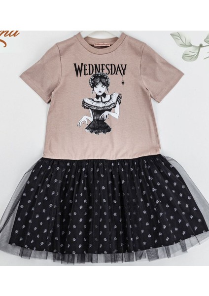 Wednesday Baskılı Tül Detaylı Kız Çocuk Elbise