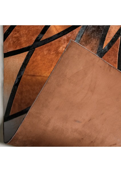 %100 Doğal Dana Derisi Kaymaz Taban Premium Patchwork Halı - Kahverengi - Siyah