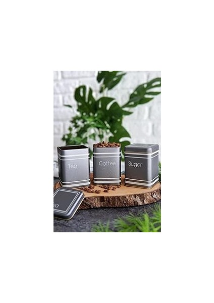 Evle-Metal Çay, Kahve, Şeker Saklama Kutusu 3 Lü Set 7.5 x 7.5 x 10.2 Cm, Silver (Silver)