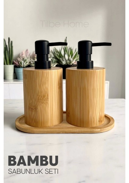 2li Bambu Sabunluk Seti Hands Dishes Mutfak Banyo Sıvı Sabunluk 500ML Doğal Bambu Stantlı Retro Set