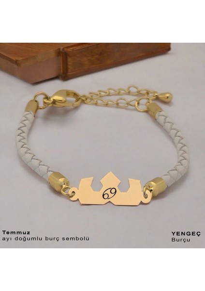 Temmuz Ayı Doğumları Için Taç Figürlü 14 Ayar Altın Plakalı Doğal Siyah Derili Hediye Bileklik-462AY