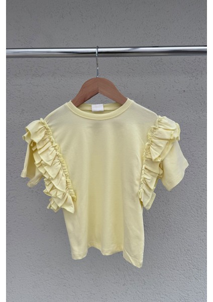 %100 Cotton Fırfırlı Kol Detaylı Kız Çocuk Tişört