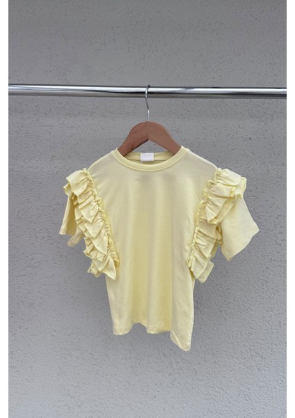 %100 Cotton Fırfırlı Kol Detaylı Kız Çocuk Tişört indirimleri
