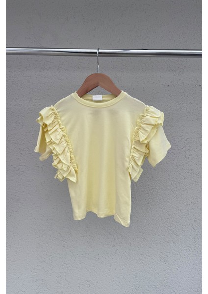 %100 Cotton Fırfırlı Kol Detaylı Kız Çocuk Tişört