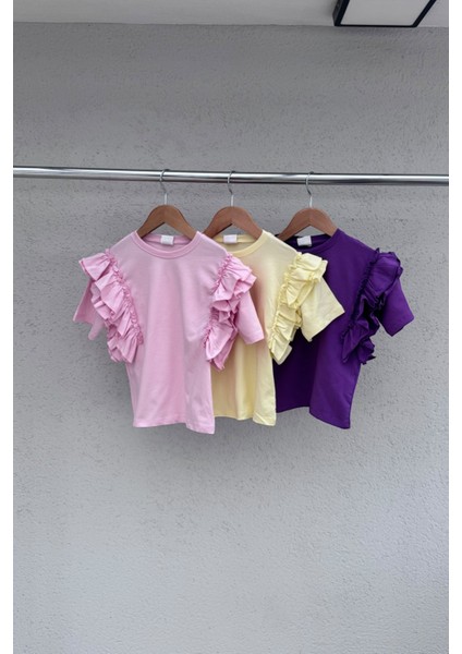 %100 Cotton Fırfırlı Kol Detaylı Kız Çocuk Tişört