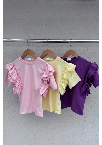 %100 Cotton Fırfırlı Kol Detaylı Kız Çocuk Tişört