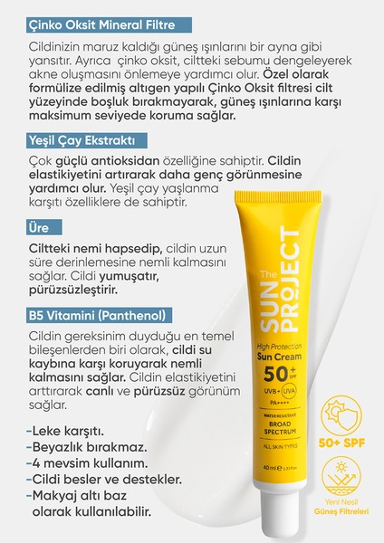 The Sun Project Yüksek Korumalı Güneş Kremi High Protection Sun Cream 50+ SPF PA++++ 40 ml