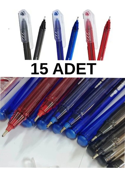 Büro Tükenmez Kalem 15 Adet (5 Mavi, 5 Kırmızı, 5 Siyah)