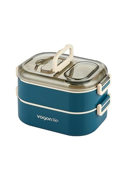 1000 ml Iki Kat Üç Bölme Paslanmaz Çelik Bento Lunch Box Yeni Nesil Sefer Tası-Sos Kaseli