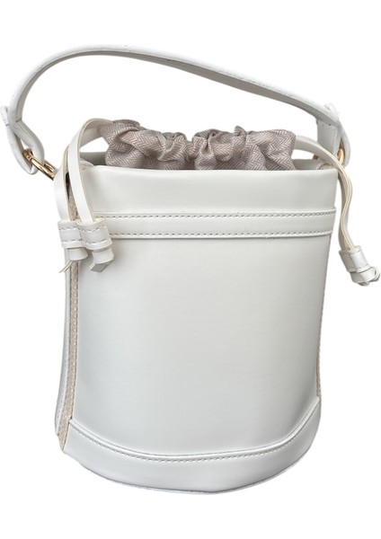Deri Beyaz Kova Sade Kadın Omuz ve El Çantası