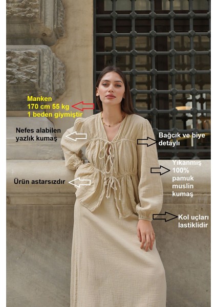 Kadın Bağcık Detaylı Yıkanmış Yumuşak Pamuk Muslin Bluz fırsatları