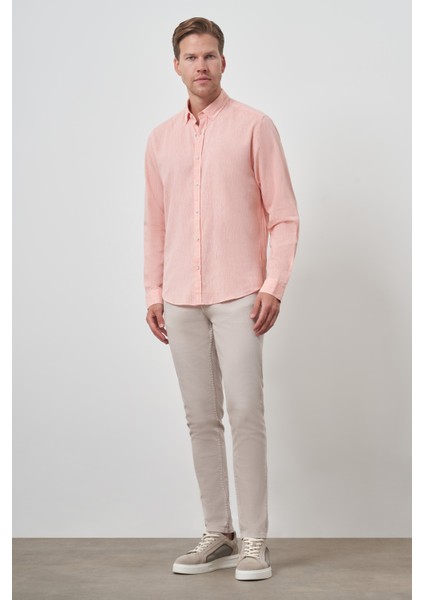 Erkek Turuncu Keten Trend Dynamic Fit Düğmeli Yaka Gömlek