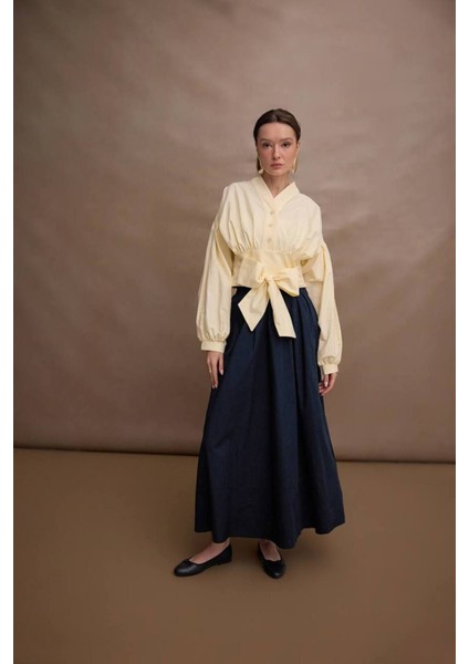 Kadın Tereyağ Sarısı Belden Oturtmalı Tasarım Gömlek Bluz indirimleri