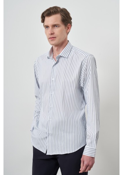 Erkek A-Beyaz Trend Çizgili Slim Fit Italyan Yaka Gömlek fırsatları