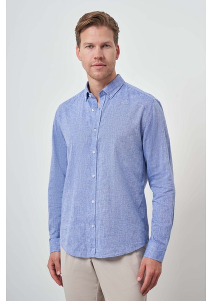 Erkek Mavi Keten Trend Dynamic Fit Düğmeli Yaka Gömlek