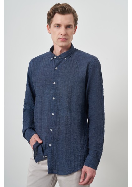 Erkek Lacivert Pamuk Trend Slim Fit Düğmeli Yaka Gömlek