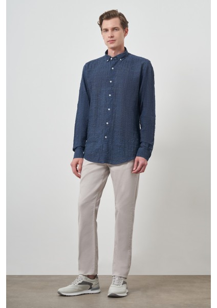 Erkek Lacivert Pamuk Trend Slim Fit Düğmeli Yaka Gömlek