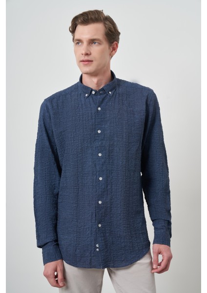 Erkek Lacivert Pamuk Trend Slim Fit Düğmeli Yaka Gömlek