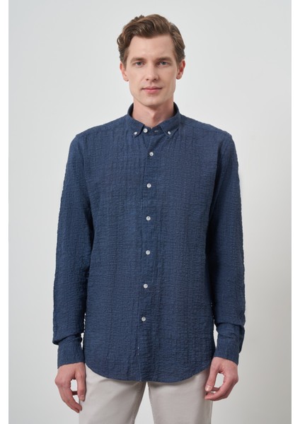 Erkek Lacivert Pamuk Trend Slim Fit Düğmeli Yaka Gömlek