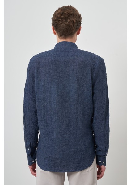 Erkek Lacivert Pamuk Trend Slim Fit Düğmeli Yaka Gömlek