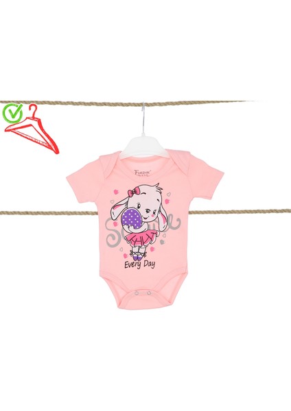Kız Bebek Kısa Kol Zıbın Body Çıtçıtlı Baskılı Pembe/somon Renk
