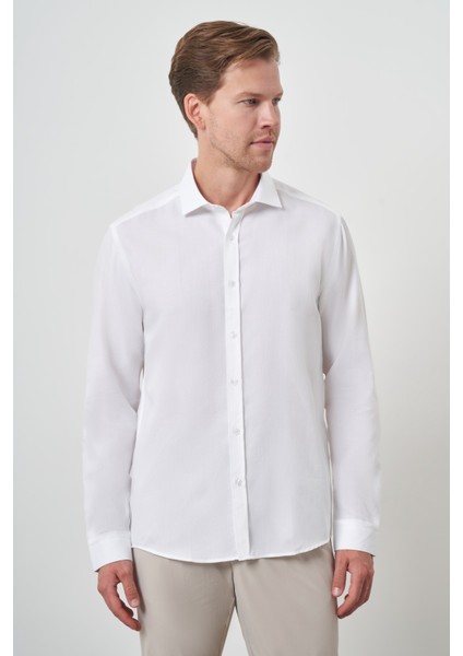 Erkek Beyaz Pamuk Trend Slim Fit Italyan Yaka Gömlek