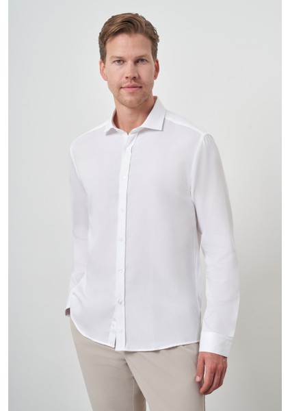 Erkek Beyaz Pamuk Trend Slim Fit Italyan Yaka Gömlek fırsatları