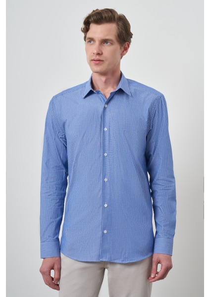 Erkek Mavi Pamuk Trend Slim Fit Sert Yaka Gömlek
