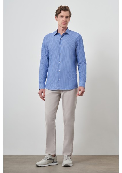 Erkek Mavi Pamuk Trend Slim Fit Sert Yaka Gömlek