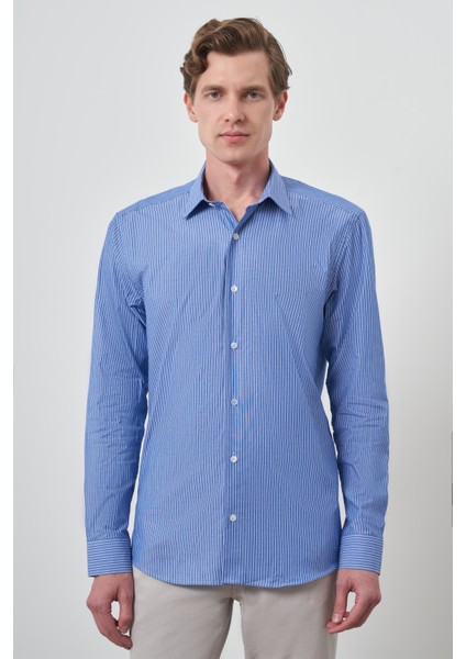 Erkek Mavi Pamuk Trend Slim Fit Sert Yaka Gömlek