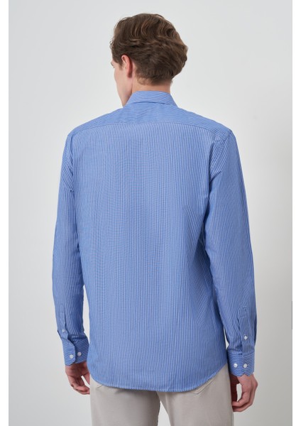 Erkek Mavi Pamuk Trend Slim Fit Sert Yaka Gömlek