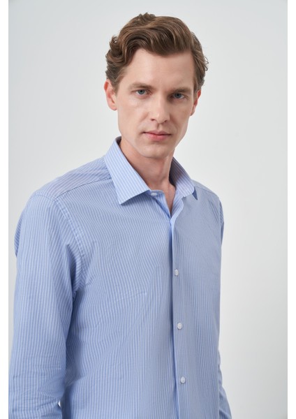 Erkek A. Mavi Pamuk Trend Slim Fit Sert Yaka Gömlek