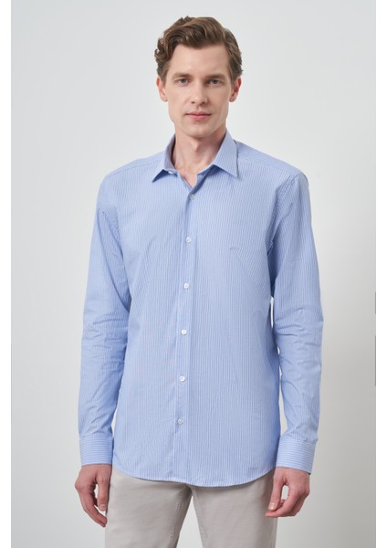 Erkek A. Mavi Pamuk Trend Slim Fit Sert Yaka Gömlek