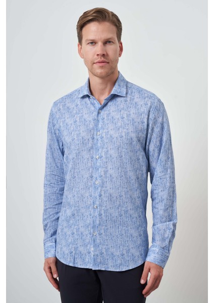 Erkek Mavi Keten Trend Dynamic Fit Düğmeli Yaka Gömlek