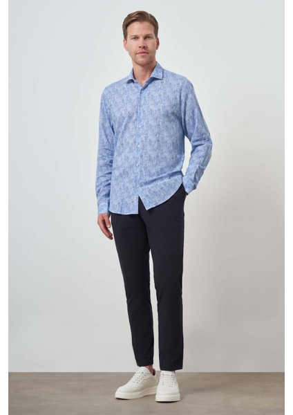 Erkek Mavi Keten Trend Dynamic Fit Düğmeli Yaka Gömlek