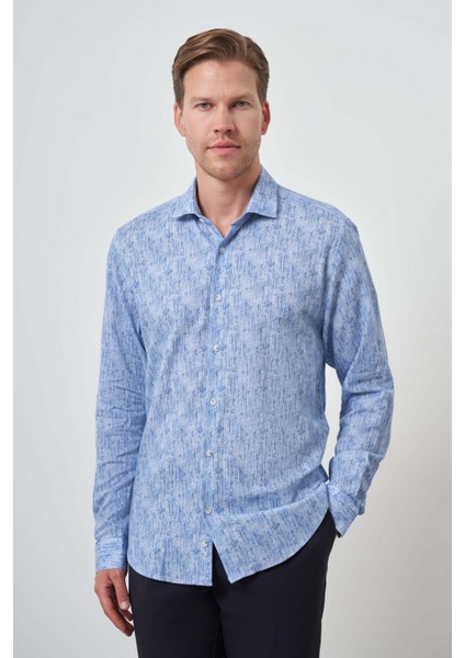 Erkek Mavi Keten Trend Dynamic Fit Düğmeli Yaka Gömlek