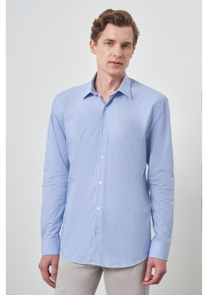 Erkek A. Mavi Pamuk Trend Slim Fit Sert Yaka Gömlek