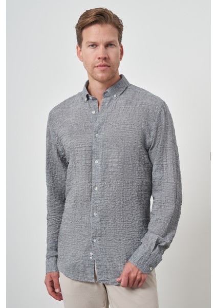 Erkek Gri Pamuk Trend Slim Fit Düğmeli Yaka Gömlek