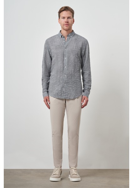 Erkek Gri Pamuk Trend Slim Fit Düğmeli Yaka Gömlek