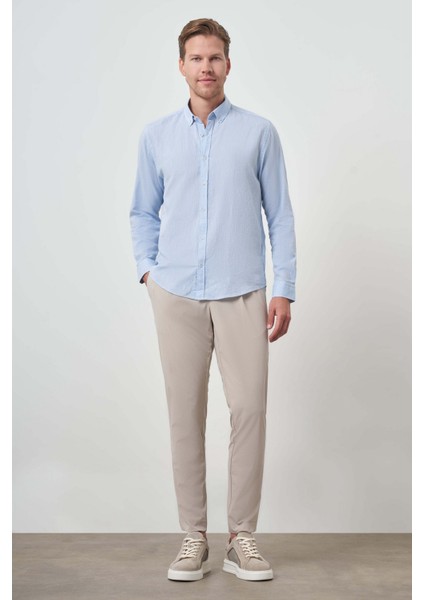 Erkek A. Mavi Keten Trend Dynamic Fit Düğmeli Yaka Gömlek