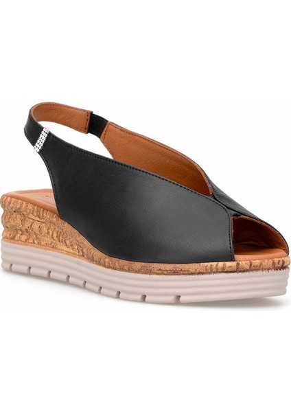 Elit ZEYN8094 Kadın Hakiki Deri Ortopedik Dolgu Topuk Sandalet Siyah fiyatları