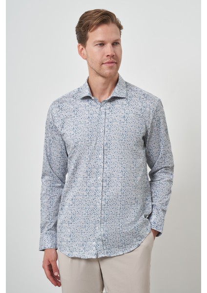 Erkek Mavi Pamuk Trend Slim Fit Italyan Yaka Gömlek