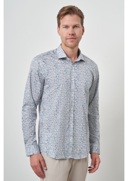 Erkek Mavi Pamuk Trend Slim Fit Italyan Yaka Gömlek modelleri