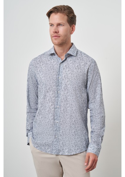 Erkek Gri Keten Trend Dynamic Fit Düğmeli Yaka Gömlek