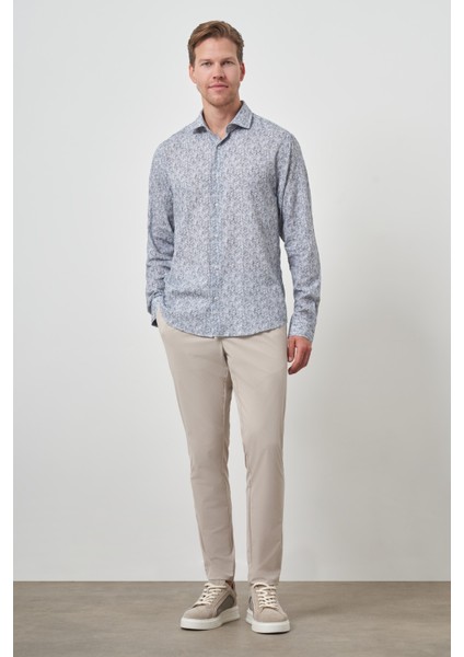 Erkek Gri Keten Trend Dynamic Fit Düğmeli Yaka Gömlek