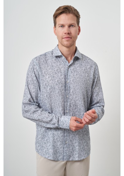 Erkek Gri Keten Trend Dynamic Fit Düğmeli Yaka Gömlek